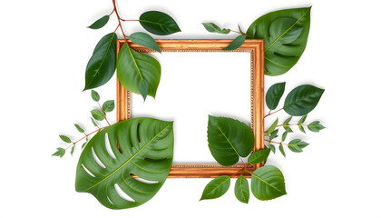 Creative layout made of tropical leaves with vintage frame. Flat lay. Nature concept with a white accent, png