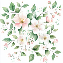 Wall Mural - A delicate watercolor arrangement featuring soft pink and white flowers, surrounded by lush green branch leaves and tiny buds. The hand-painted floral clipart is ideal for wedding invitations and