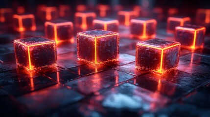 Poster - A collection of luminous cubes is scattered across a dark reflective surface at night, creating a striking visual effect with their glowing edges, highlighting a futuristic aesthetic.