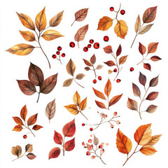 Wall Mural - A cute watercolor illustration set of autumn leaves in warm shades, paired with vibrant red berries and delicate fall flowers. This sticker-style design on a white background is perfect for seasonal