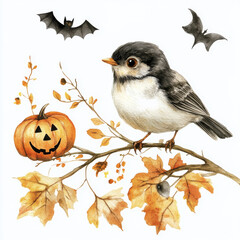 Wall Mural - A whimsical watercolor illustration of a bird perched on a branch with autumn leaves, accompanied by subtle Halloween elements like a small pumpkin or bat. The hand-painted design on a white