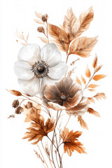 Wall Mural - A stunning boho watercolor composition featuring delicate anemone flowers in soft shades, combined with dry autumn leaves in warm browns and golds. The intricate design is isolated on a white