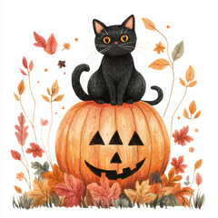 Wall Mural - A charming watercolor illustration of a black cat perched atop a pumpkin, surrounded by whimsical, swirling autumn leaves. The hand-drawn design on a white background is perfect for playful Halloween