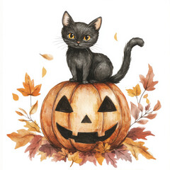 Wall Mural - A charming watercolor illustration of a black cat perched atop a pumpkin, surrounded by whimsical, swirling autumn leaves. The hand-drawn design on a white background is perfect for playful Halloween