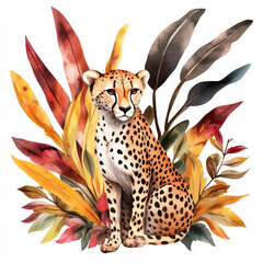 Wall Mural - A graceful cheetah crouched among colorful autumnal jungle plants, with large tropical leaves framing the scene. The watercolor illustration is isolated on a white background for a safari-themed