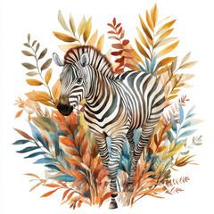 Wall Mural - A vibrant zebra walking through a mix of tropical leaves and fall-colored plants, hand-painted in watercolor. The isolated design on a white background brings out the beauty of the African savannah.
