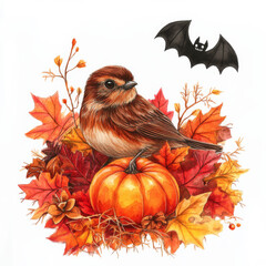 Wall Mural - A charming watercolor scene featuring a bird nestled among orange and red autumn leaves, with Halloween elements like a ghostly bat or tiny pumpkin. The isolated clipart on a white background is