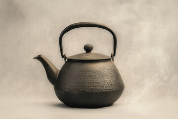 Aufkleber - A traditional tea kettle releases thin lines of steam, enhancing the serene ambiance of the light, muted background in the setting. Generative AI