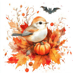 Wall Mural - A charming watercolor scene featuring a bird nestled among orange and red autumn leaves, with Halloween elements like a ghostly bat or tiny pumpkin. The isolated clipart on a white background is