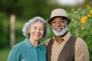 Happy senior couple embracing outdoors in nature.