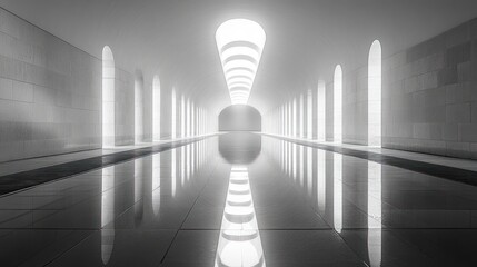 Wall Mural - A long, white hallway with arched doorways and a reflective floor. The ceiling is illuminated by a bright, circular light.