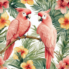 Wall Mural - A seamless watercolor pattern featuring pink cockatoos amidst a backdrop of tropical palm leaves and flowers. The rich tropical design creates an exotic, elegant floral background for summer-themed