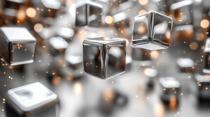 Poster - Metallic cubes hover in mid-air, reflecting light and creating a captivating effect against a softly blurred background of warm golden tones. This dynamic composition is visually stunning.