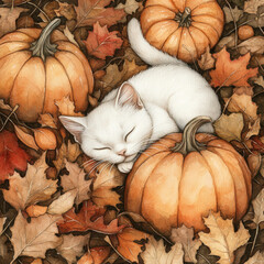 Wall Mural - A charming watercolor illustration of a realistic white cat nestled among vibrant orange pumpkins and scattered dry leaves. The hand-painted scene on an isolated background captures the cozy essence