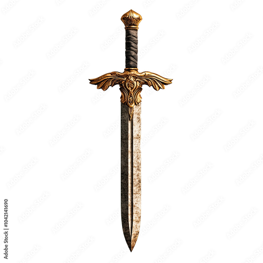 Intricately designed sword with ornate details and a metallic sheen ...