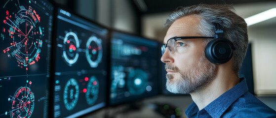 man with headphones monitors multiple screens displaying data in smart city control center. environment is high tech and focused, with digital interfaces and analytical tools