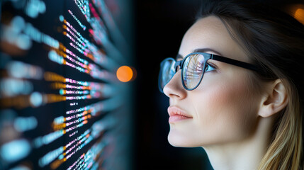 Aufkleber - woman wearing glasses intently examines digital screen filled with colorful code, reflecting focus and determination. scene suggests modern tech environment