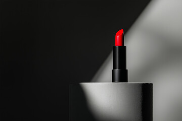 Red make up lipstick cosmetic product detail standing on grey podium against minimalistic background.