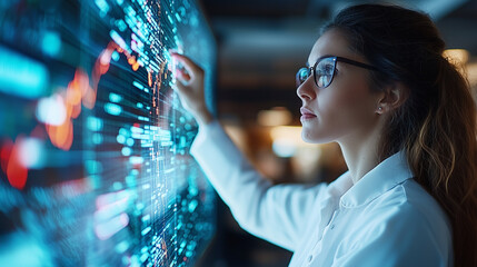 Aufkleber - woman in glasses interacts with digital screen displaying data and graphs, symbolizing technology and innovation in modern office environment