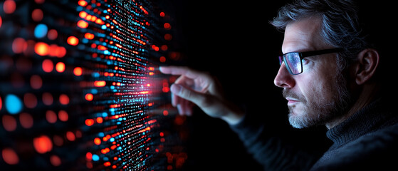 Aufkleber - man interacts with digital holographic display, focusing intently on glowing red and blue lights. futuristic technology creates immersive experience