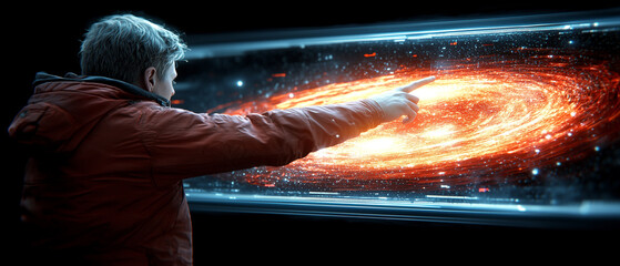 Poster - person interacts with vibrant holographic display of swirling galaxy, showcasing advanced digital technology and futuristic design. scene is illuminated by galaxys glow