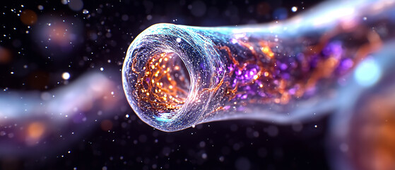 Poster - vibrant digital artwork depicting futuristic, glowing tunnel with swirling colors and particles, evoking sense of motion and energy. scene is both mesmerizing and dynamic