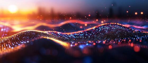 Poster - digital landscape with data streams flowing through vibrant, glowing waves, creating futuristic and dynamic atmosphere. scene is illuminated by warm sunset
