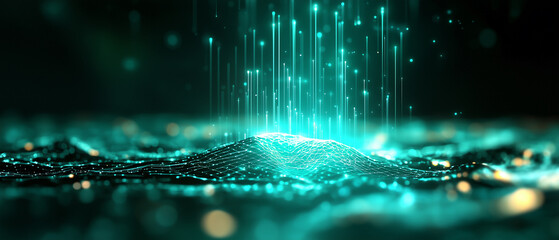 Poster - digital landscape with glowing data streams flowing through network, creating futuristic and dynamic atmosphere. vibrant teal colors enhance sense of technology and innovation