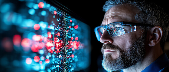 Aufkleber - man with glasses intently examines digital screen filled with data and glowing lights, reflecting focus on technology and innovation