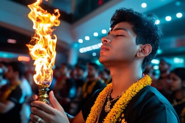 Aarti in a high-tech cyberpunk temple, where devotees offer virtual flames in a neon-lit space