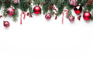 Wall Mural - Christmas decorations with red and gold ornaments and candy canes on a white background