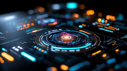 Poster - futuristic control room with screens displaying data, glowing with vibrant colors and intricate digital interfaces, creating high tech atmosphere