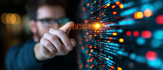 Poster - person interacts with digital interface, touching glowing point on screen filled with data streams. futuristic setting suggests advanced technology and innovation
