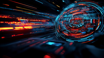 Poster - futuristic workspace with advanced technology and digital interface, featuring vibrant red and blue lights creating dynamic, high tech atmosphere