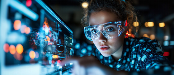 Aufkleber - focused student wearing protective glasses works on tech project, surrounded by digital screens and data. atmosphere is innovative and intense