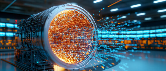 Poster - futuristic data stream flows from high tech device in control room, showcasing advanced technology and innovation. vibrant colors and digital elements create dynamic atmosphere