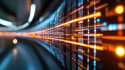 Poster - futuristic digital data stream with glowing lines and dots represents advanced technology and connectivity in smart city at night