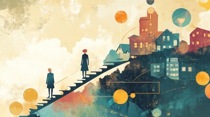 Two figures walk up a staircase leading to a cityscape with a soft watercolor background and stylized circles.