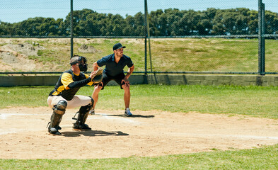 Canvas Print - Baseball, match and people with catcher at pitch for league, training or outdoor sports competition. Field, fitness and player with mitt by umpire for workout, exercise or practice game in tournament