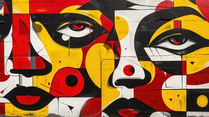 Colorful abstract faces, geometric shapes, vivid reds yellows blacks, expressive eyes, street art aesthetic