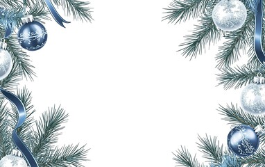 Wall Mural - Winter holiday decoration featuring blue and silver ornaments among pine branches designed for festive greetings and celebrations