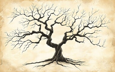 A detailed illustration of a bare tree with intricate branches and roots on a vintage textured background