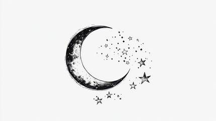 Wall Mural - detailed minimalist black line tattoo of a crescent moon and stars on a white background.