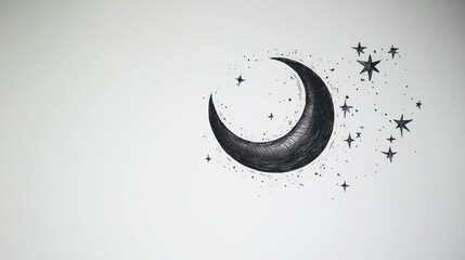 Wall Mural - detailed minimalist black line tattoo of a crescent moon and stars on a white background.