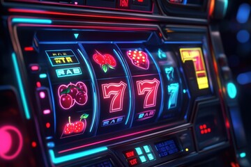 Glowing reels spin on a slot machine, featuring traditional symbols including cherries, sevens, and bars, capturing the thrill of gaming. Generative AI