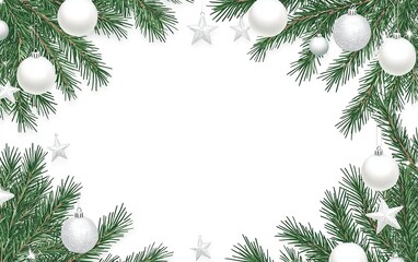 Wall Mural - Decorative evergreen branches with white ornaments and stars creating a festive border for winter celebrations