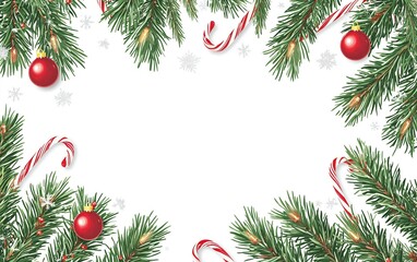 Wall Mural - Festive holiday decorations featuring pine branches, red ornaments, candy canes, and snowflakes on a blank white background