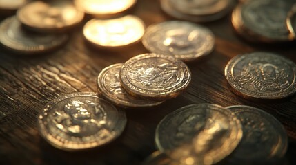 Detailed silver and gold coins scattered on a wooden table, with a soft glow highlighting their engravings.