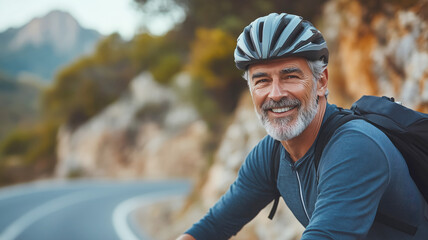 Smiling senior cyclist enjoying a scenic mountain ride