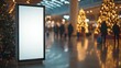 © Exclusive  - Empty advertisement billboard in shopping mall decorated with Christmas trees and lights, festive atmosphere